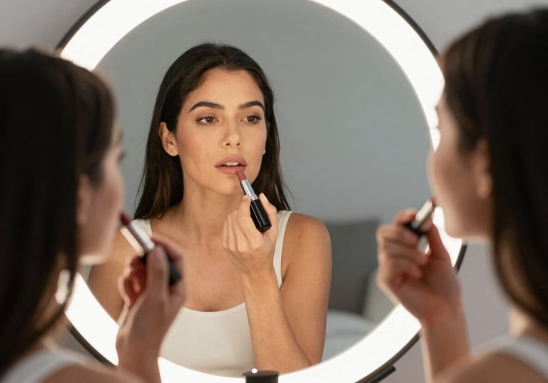 A North American / NYC Hispanic woman applying lipstick in front of a mirror with ring lighting, showcasing the self-makeup course results in a clean, modern home setting.