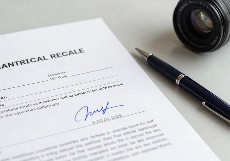 A close-up of a signed official electrical certificate document resting on a pale cloud grey desk next to a professional navy blue pen.