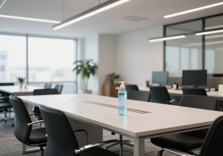 A view of a bright, contemporary office breakroom with clean surfaces and minimalist decor, emphasizing hygiene and order in a North American / Mexican workplace.