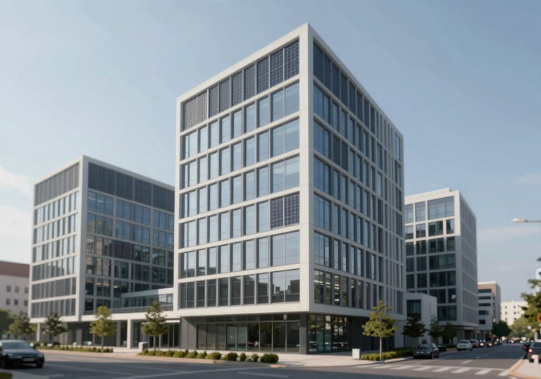 A daylight shot of modern, eco-friendly office architecture with visible solar glass and energy-efficient ventilation. Clean lines, forward-thinking style, utilizing #4C6F6F and #E9F0F0.