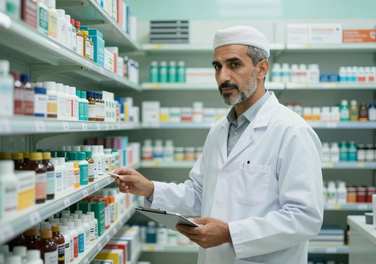 Photography of a pharmacist in a modern Middle Eastern / Yemeni retail pharmacy environment, shelves stocked with products, clean soft mint teal lighting.