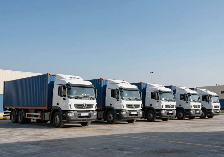Photography of a clean, modern logistics fleet in a Middle Eastern / Yemeni urban setting, bright daylight, ice blue sky, professional distribution atmosphere.
