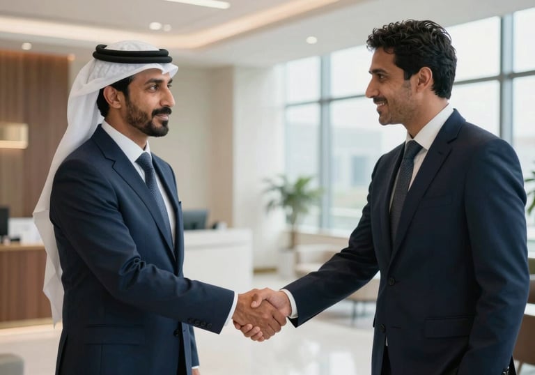 Photography of two professionals shaking hands in a modern Middle Eastern / Yemeni office lobby, midnight blue business attire, soft natural light, sophisticated mood.