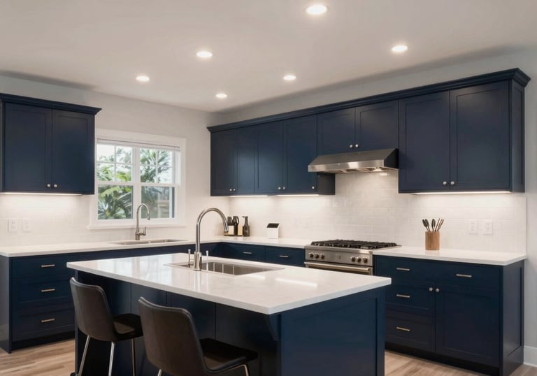 A brightly lit, modern North American / US kitchen showcasing high-end recessed ceiling lights and deep navy island cabinetry, clean architectural shot.