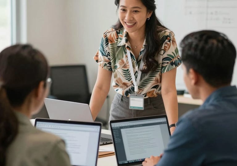 Illustration of a leadership team engaging with behavior change frameworks on digital devices.