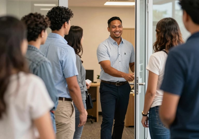 Illustration of a leadership team engaging with behavior change frameworks on digital devices.