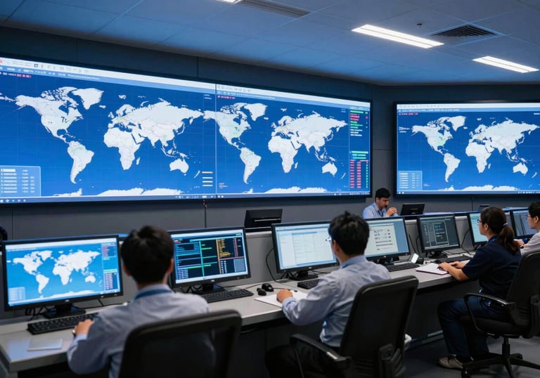 A high-tech control room with multiple screens showing world maps and logistics data. The room is modern and clean, with Deep Sea Blue lighting. Professional atmosphere, Lusophone Internacional context.