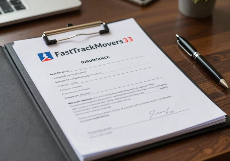 An official-looking insurance document folder with 'FastTrackMovers' branding on a desk in a South Asian / Indian office, symbolizing security and trust.