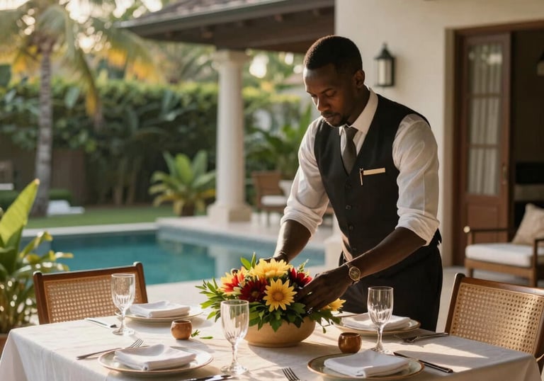 A serene image of a concierge warmly greeting a client in a sleek, modern luxury lobby.