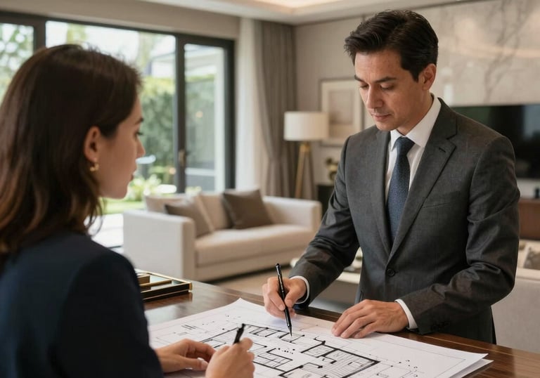 Elegant Moroccan villa with warm beige tones and subtle gold accents at sunset.