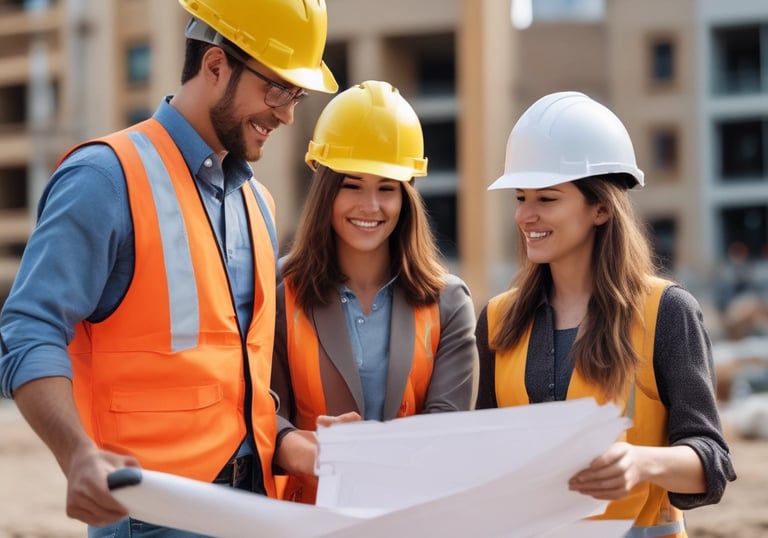 A professional advisor discussing real estate plans with a couple in a bright office.
