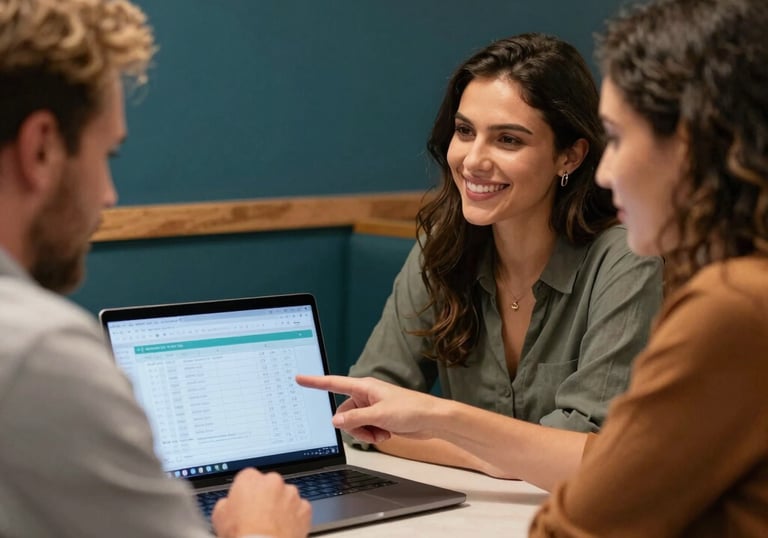 A professional consultant discussing fintech strategies with a client over a laptop.