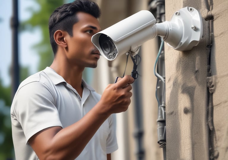 A sleek security camera mounted on a modern building corner at dusk.