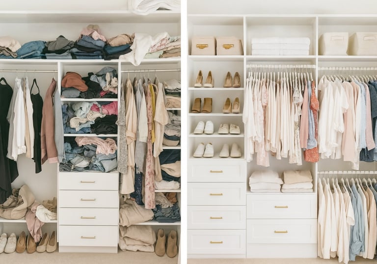 Before and After of a Professional organized Closet by a decluttering experts: Transform Homes & Co