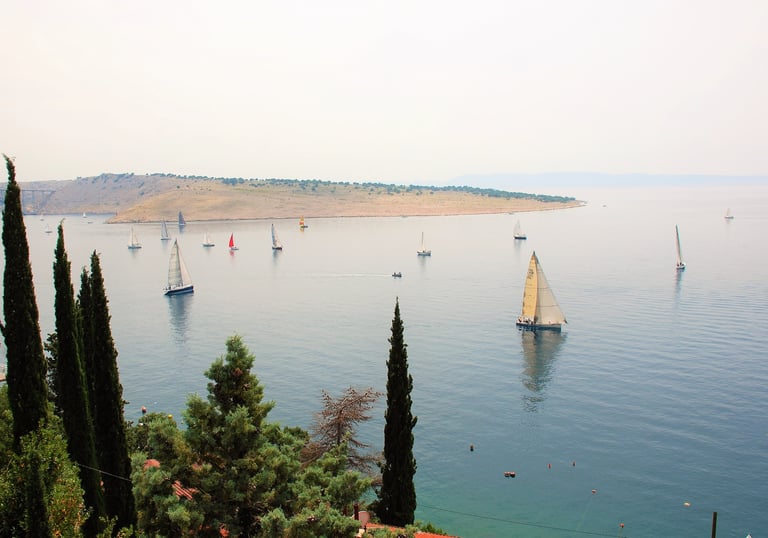 View of sailboats from the apartment terrace with view of Krk Island