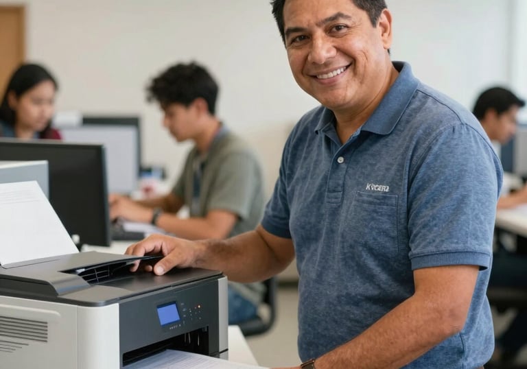 Technician performing maintenance on a Kyocera printer inside an office.