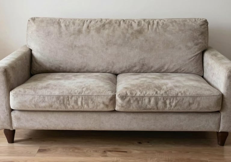 The same sofa after cleaning, looking fresh, bright, and inviting with natural light highlighting the fabric texture.