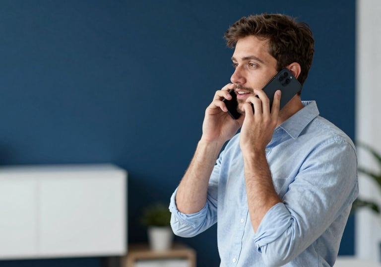 A person in a North American / US professional setting speaking on a smartphone. The background features a deep navy blue wall and modern white furniture.