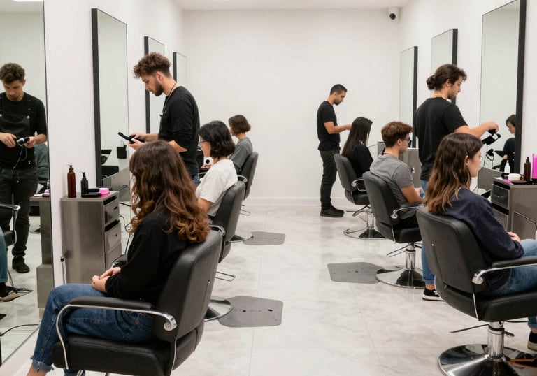 A stylish salon with a receptionist AI managing appointment bookings on a sleek tablet.