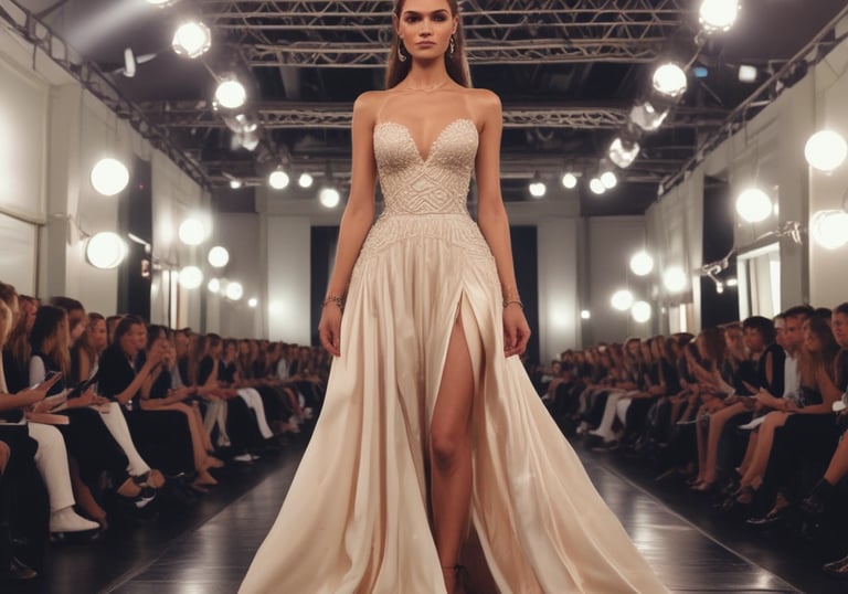 Behind-the-scenes of a high-fashion runway show with lighting and models.