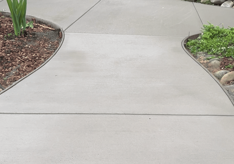 Curved concrete walkway in a backyard garden with landscaping, ferns, and patio furniture.