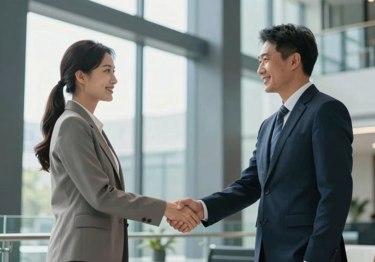 Two business professionals shaking hands in a brightly lit, modern glass lobby with dark navy architectural pillars.