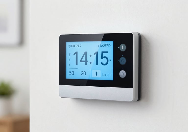 A modern smart thermostat on a clean wall displaying a comfortable temperature. The lighting is soft and the aesthetic is modern and high-tech, using #DBE3E7 and #1A2F3D.