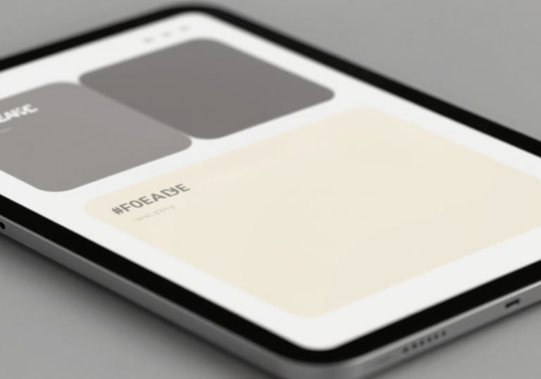 A close-up of a high-tech digital tablet showing a clean, data-driven dashboard interface with subtle glowing elements. Sophisticated, modern style representing innovation. Colors: #5C4B5C and #F0EAD6.