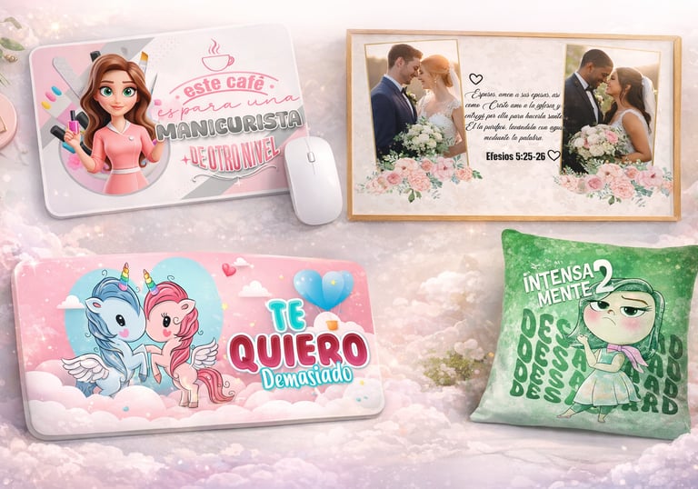 Customized gift items including a manicurist mousepad, wedding photo frame, unicorn mat, and Inside Out 2 pillow.