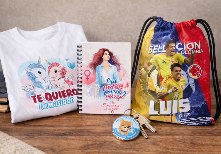 Custom personalized gifts including a unicorn t-shirt, women's notebook, and Luis Diaz Colombia drawstring bag.