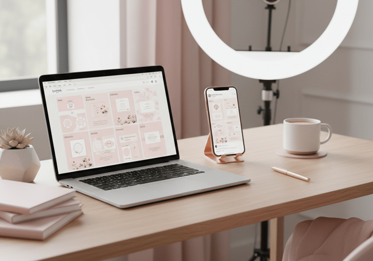 Home office desk with a laptop, smartphone, and ring light setup for social media content creation.