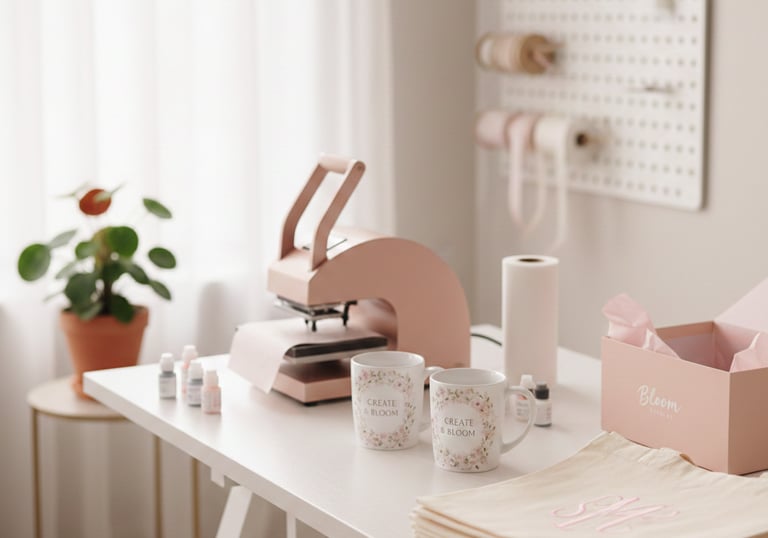 Pink mug heat press machine on a craft studio desk with floral sublimation mugs and tote bags.