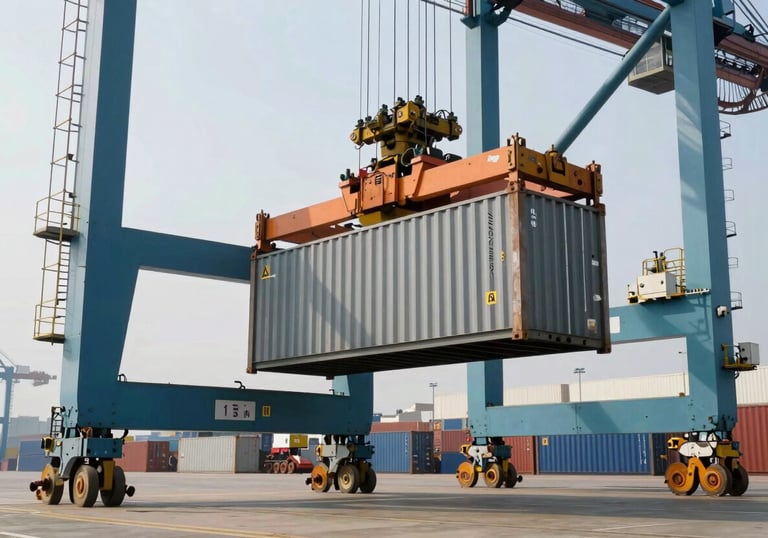 A high-capacity industrial crane moving metal containers at a modern shipping terminal, industrial grey and teal tones, Global / Industrial B2B, daytime lighting, showcasing efficient trade operations.