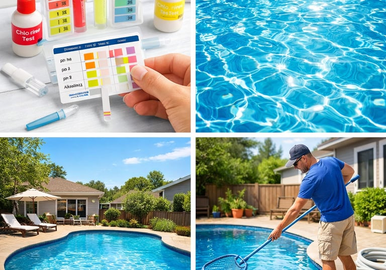  water testing kit and pool skimming.