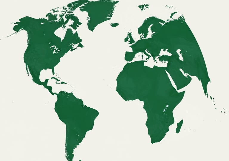 An abstract, premium graphic of a map highlighting in deep forest green (#1A4D2E) on a clean, light sage (#A3BFB0) background.