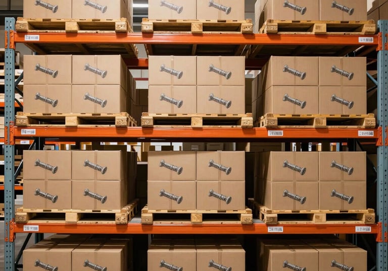 Industrial warehouse shelves filled with organized screws and fasteners under bright lighting.