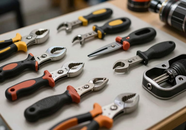 High-quality photography of professional tools organized neatly, reflecting a meticulous and high-standard work culture in the US.