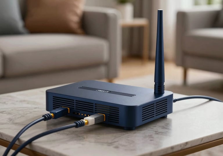 A comfortable North American / US living area with a focus on a fiber-optic modem and deep navy decorative elements.