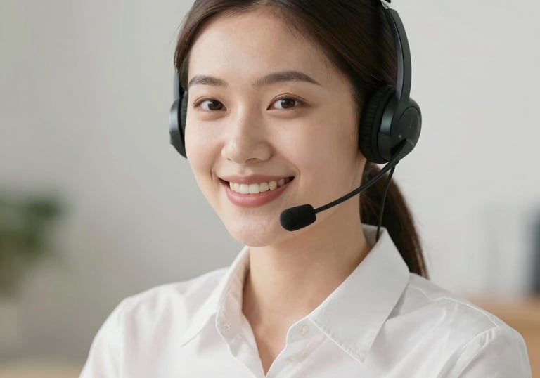 Smiling customer service representative wearing a headset ready to assist