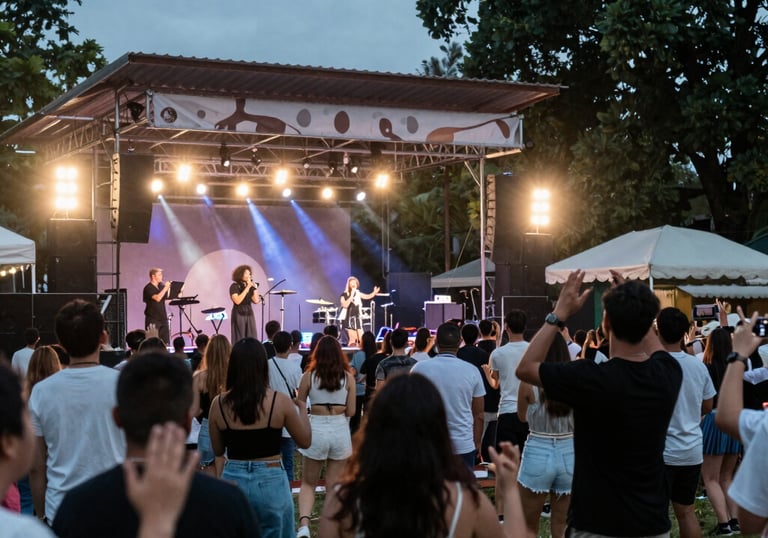 A corporate event with guests networking in a modern venue.