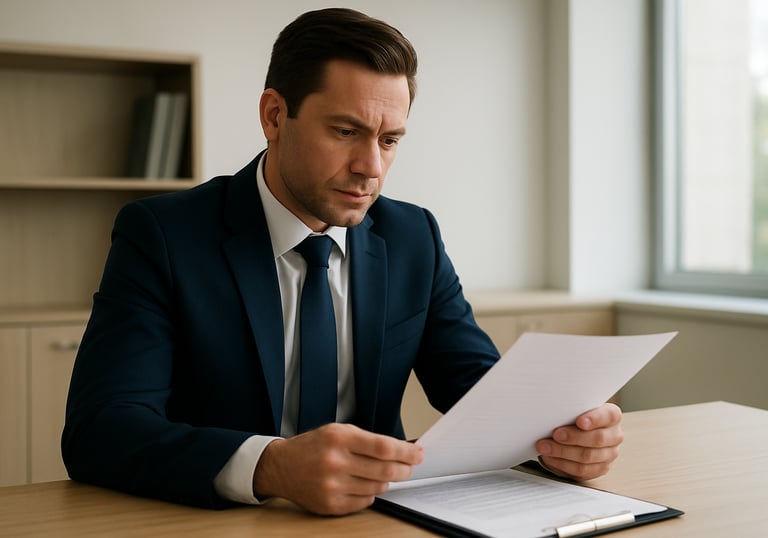 A professional Australian solicitor in a navy suit reviewing documents in a bright, modern office with light wood furniture.