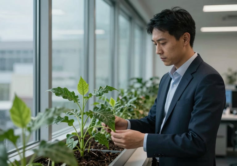 A professional North American / US workplace setting showing a plant growing next to a clean glass window, symbolizing sustainable growth and steel blue tones.