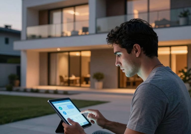 Un usuario en Latinoamérica usando una tableta para controlar la iluminación inteligente de su hogar durante el anochecer, con una vista de arquitectura moderna y sofisticada.
