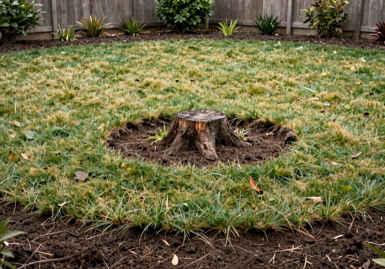 A wide shot of a clean backyard in the US. A flat patch of soil and pale green grass shows where a stump was removed. Professional and tidy finish.