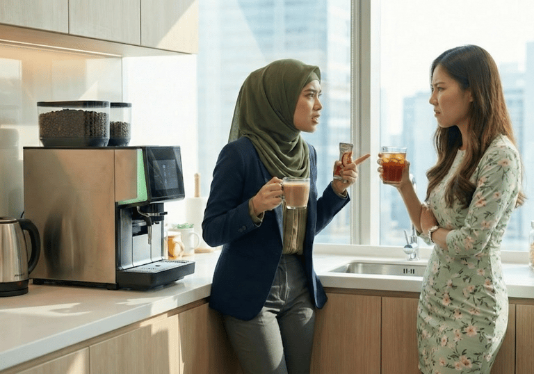 A Malay woman wearing a hijab having an argument with a Chinese long haired woman in the office pant