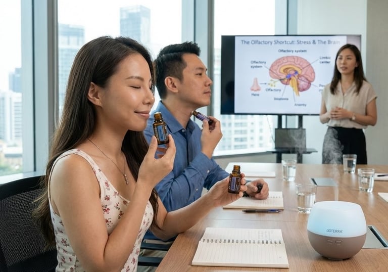 A long haired woman in floral dress sitting with a male executive smelling aroma oil in an office