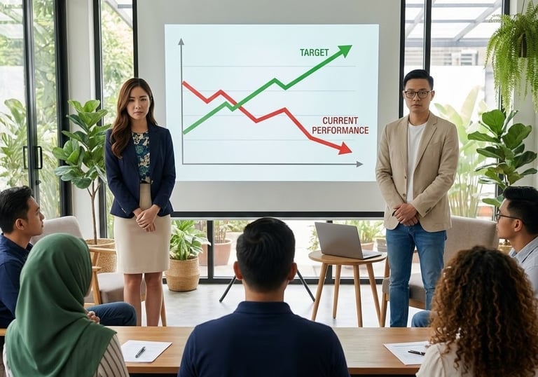 A man in a beige jacket and a woman in a blue jacket giving a business performance presentation
