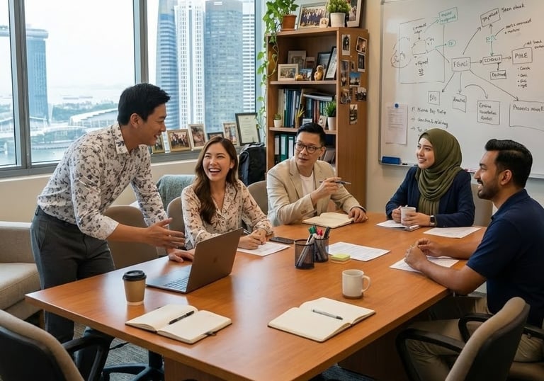 A group of cheerful executives sitting around a meeting table joking and laughing