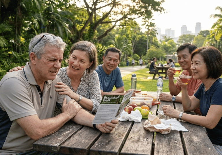 A few elderly men and women are sitting on a park table and chair one man wincing in pain