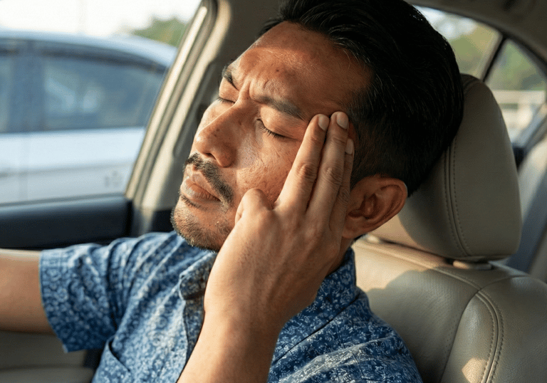 A Malay middle age man leaning back in his car seat his eyes closed his hands pressing his temples
